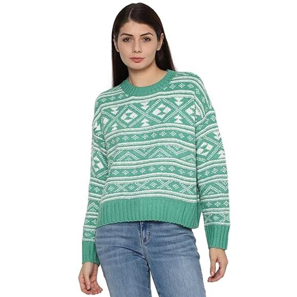 NWT American Eagle Women's Fair Isle Snowdrift Sweater Long Sleeve Green White L - Picture 4 of 12